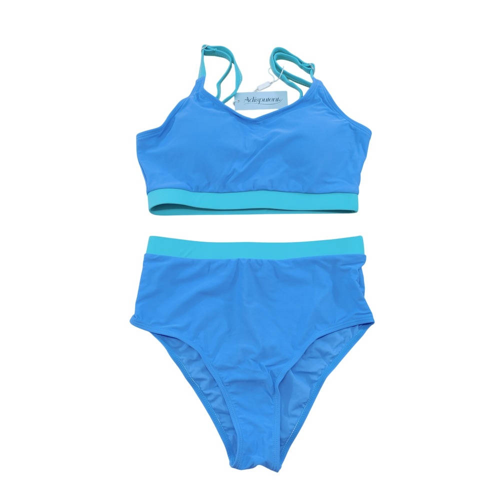 Adisputant Two Piece Bikini Set Blue Aqua Trim Sporty Crop‎ Top High Waist XS